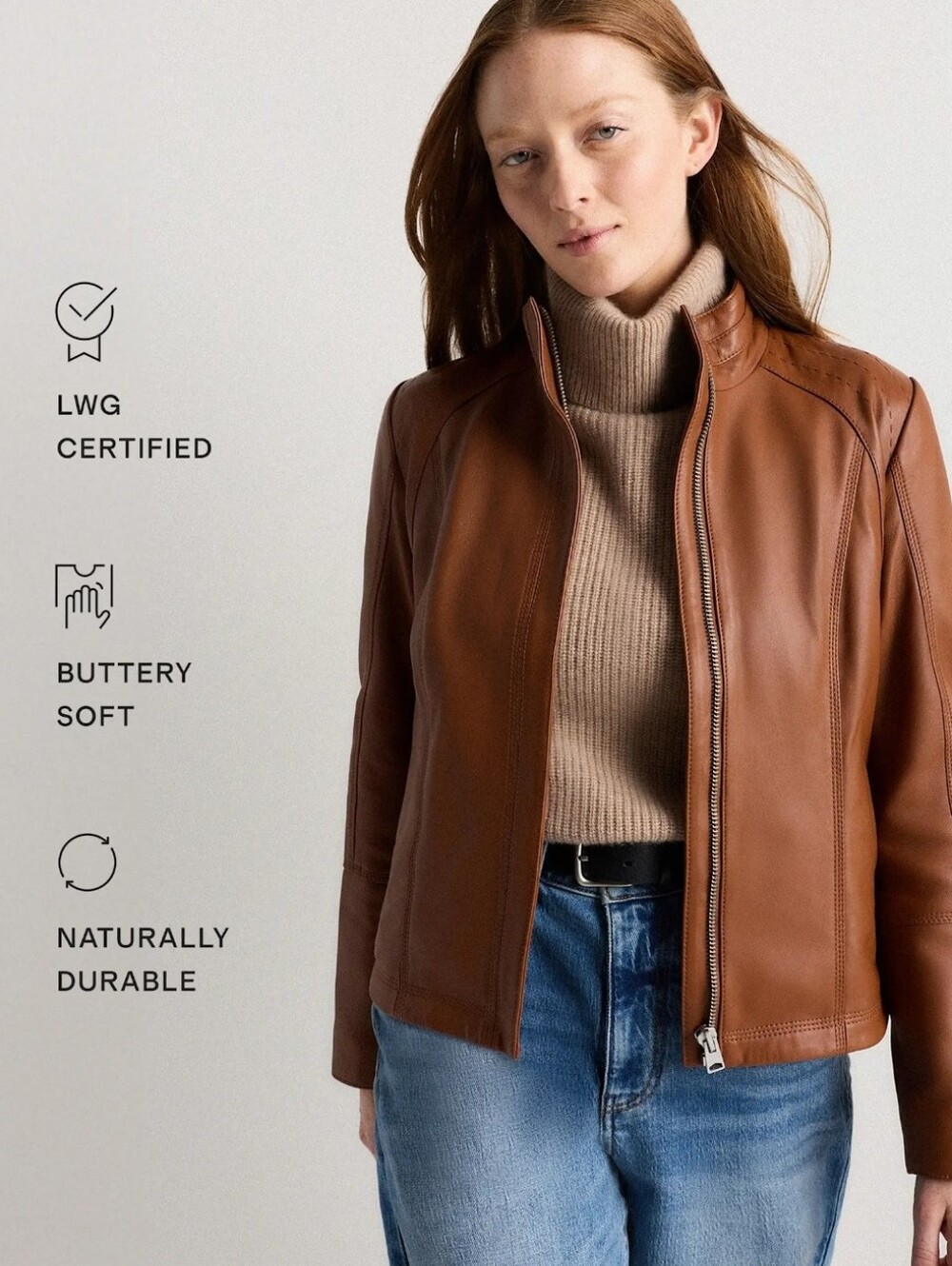NWT! Quince 100% Leather Cognic Stand Collard Jacket! Woman's Sz. M! (E26) - Picture 3 of 14
